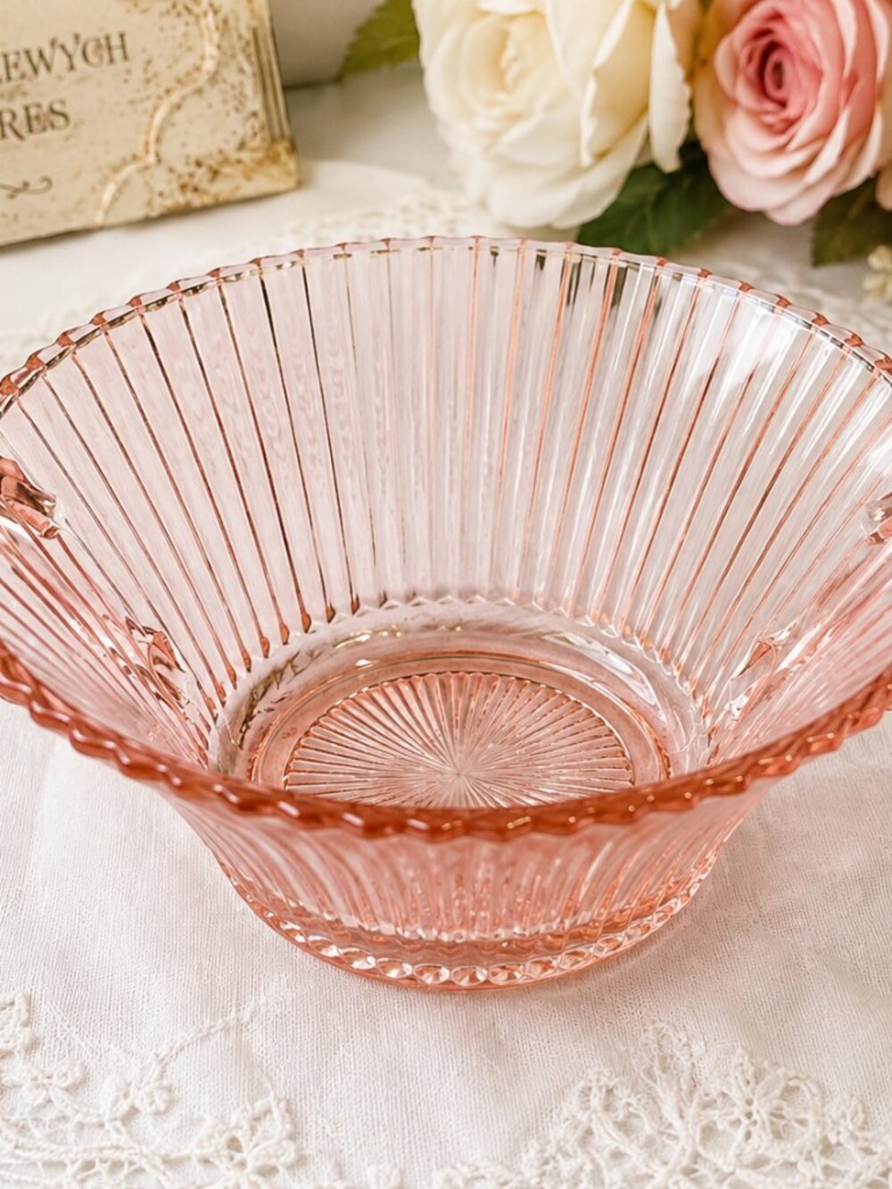 SB-65--Vintage Pink Anchor Hocking Old Cafe Depression Glass Handled Bowl